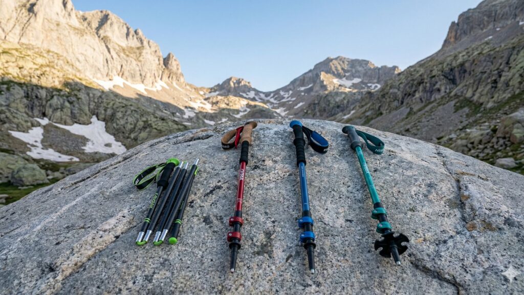 Primer plano técnico y minimalista estilo Nano Banana, mostrando cuatro bastones técnicos de senderismo para niños (plegables compactos de carbono y telescópicos regulables de aluminio) secuencialmente de izquierda a derecha en un entorno alpino despejado, ilustrando la comparativa de equipo técnico.