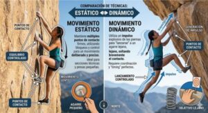 Infografía comparativa de una escaladora en roca mostrando la diferencia entre el movimiento estático (control, tres puntos de contacto y precisión) y el movimiento dinámico (generación de impulso, trayectoria y lanzamiento a presas lejanas).