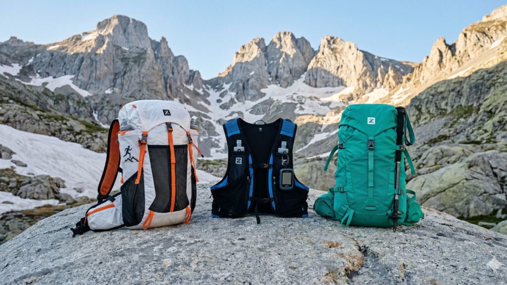 Primer plano técnico y minimalista estilo Nano Banana, mostrando tres mochilas técnicas de speed hiking para niños (dyneema ultraligera, chaleco-mochila de trail y compacta de carga rápida) secuencialmente de izquierda a derecha en un entorno alpino despejado, ilustrando la comparativa de equipo técnico.