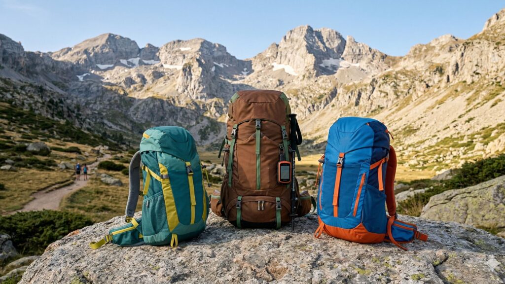 Primer plano técnico y minimalista estilo Nano Banana, mostrando tres mochilas técnicas de senderismo para niños de distintos litrajes (25L, 30L y 45L), en un entorno alpino despejado, ilustrando la comparativa de equipo técnico.
