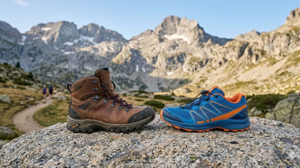 Primer plano técnico y minimalista estilo Nano Banana, mostrando una bota de montaña robusta de caña media con suela Vibram junto a una zapatilla de trail running ligera y flexible, en un entorno alpino despejado, ilustrando la comparativa de calzado técnico.