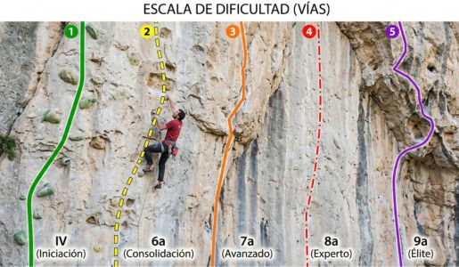 Una comparativa visual en una misma pared de roca de cinco vías de escalada marcadas con líneas de colores y sus grados: IV (iniciación), 6a (consolidación), 7a (avanzado), 8a (experto) y 9a (élite)