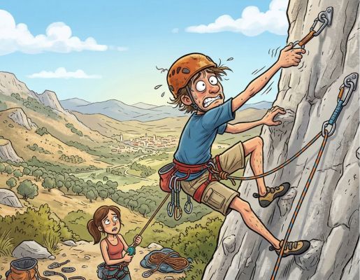 Un escalador principiante en modo pánico estirando el brazo al máximo para chapar una cinta exprés demasiado alta, ilustrando uno de los errores de principiantes en la escalada más comunes.