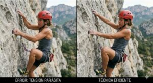 Fotografía en contrapicado que muestra a un escalador cometiendo un error técnico de reposo. El escalador intenta sacudir un brazo (shaking) pero mantiene el otro brazo excesivamente flexionado y los pies mal colocados, lo que le impide descargar peso y recuperar. Fondo desenfocado de montaña.
