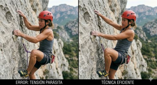 Fotografía en contrapicado que muestra a un escalador cometiendo un error técnico de reposo. El escalador intenta sacudir un brazo (shaking) pero mantiene el otro brazo excesivamente flexionado y los pies mal colocados, lo que le impide descargar peso y recuperar. Fondo desenfocado de montaña.