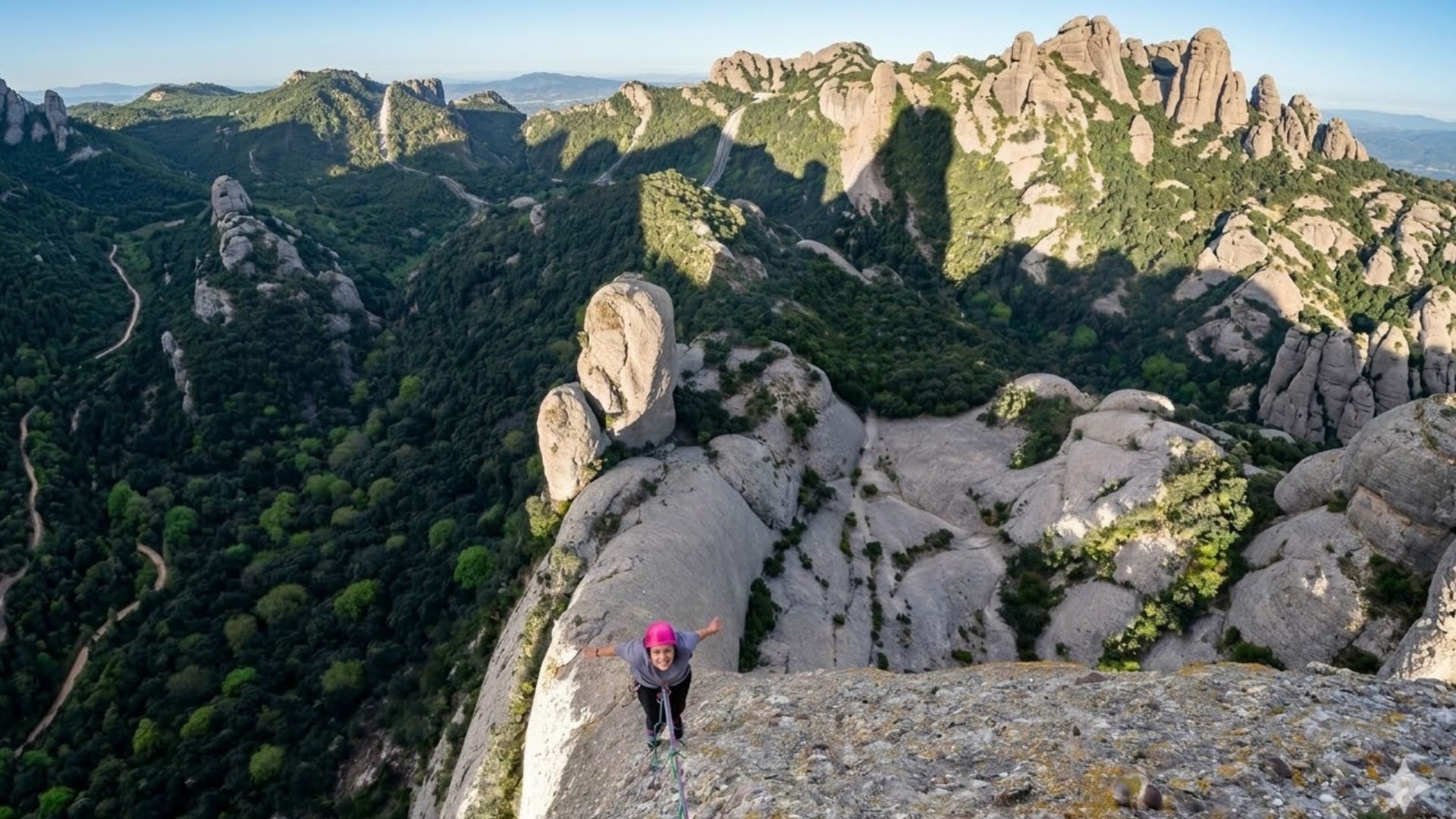 una escaladora de escalada clasica sube de segunda y posa a la camara con las maravillosas vistas que ofrece montserrat
