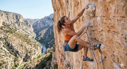 Fotografía real en horizontal que muestra a una escaladora impulsándose explosivamente hacia arriba de forma coordinada con ambos pies fijos en la pared de roca natural.