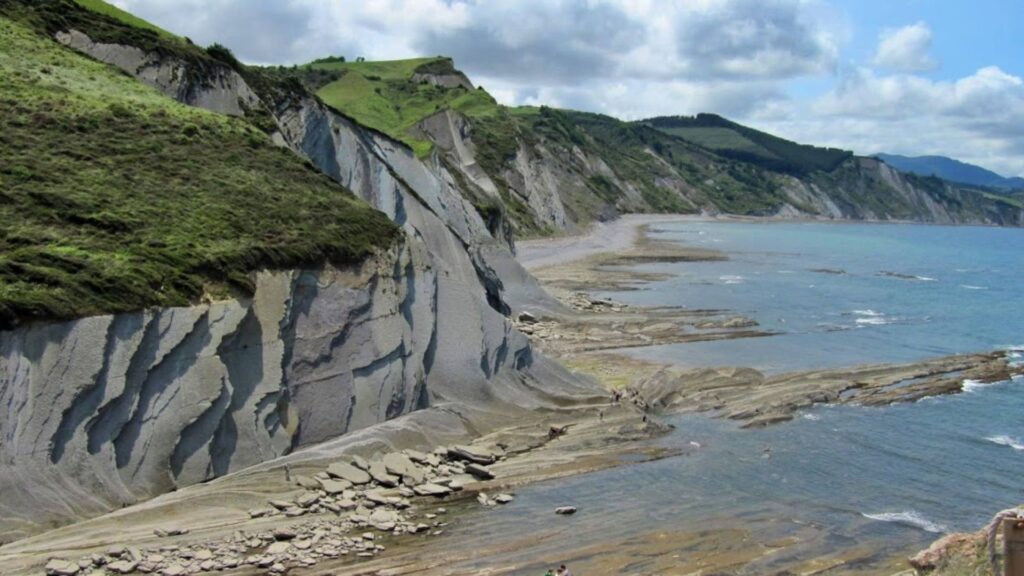 Formaciones de flysch en los acantilados de Zumaia con senderistas recorriendo el GR-121.