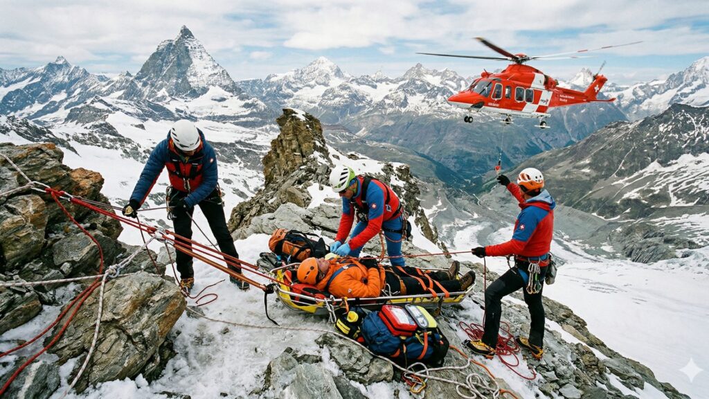 Rescate en montaña con helicóptero y camilla aplicando el protocolo PAS en terreno técnico invernal.