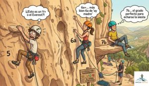 Ilustración divertida de la diferencia de sensación entre grados de escalada para principiantes y expertos