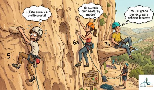 Ilustración divertida de la diferencia de sensación entre grados de escalada para principiantes y expertos