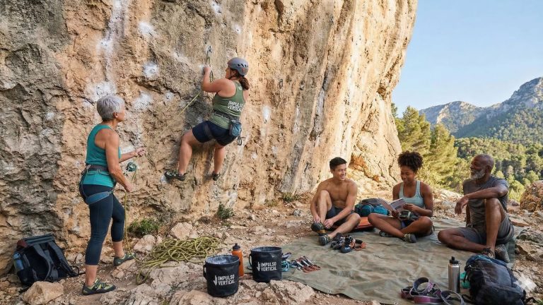 Un grupo diverso de cinco escaladores de distintas edades y orígenes en la base de una pared de roca; una mujer escala una vía mientras otra asegura y el resto del equipo descansa en la base.