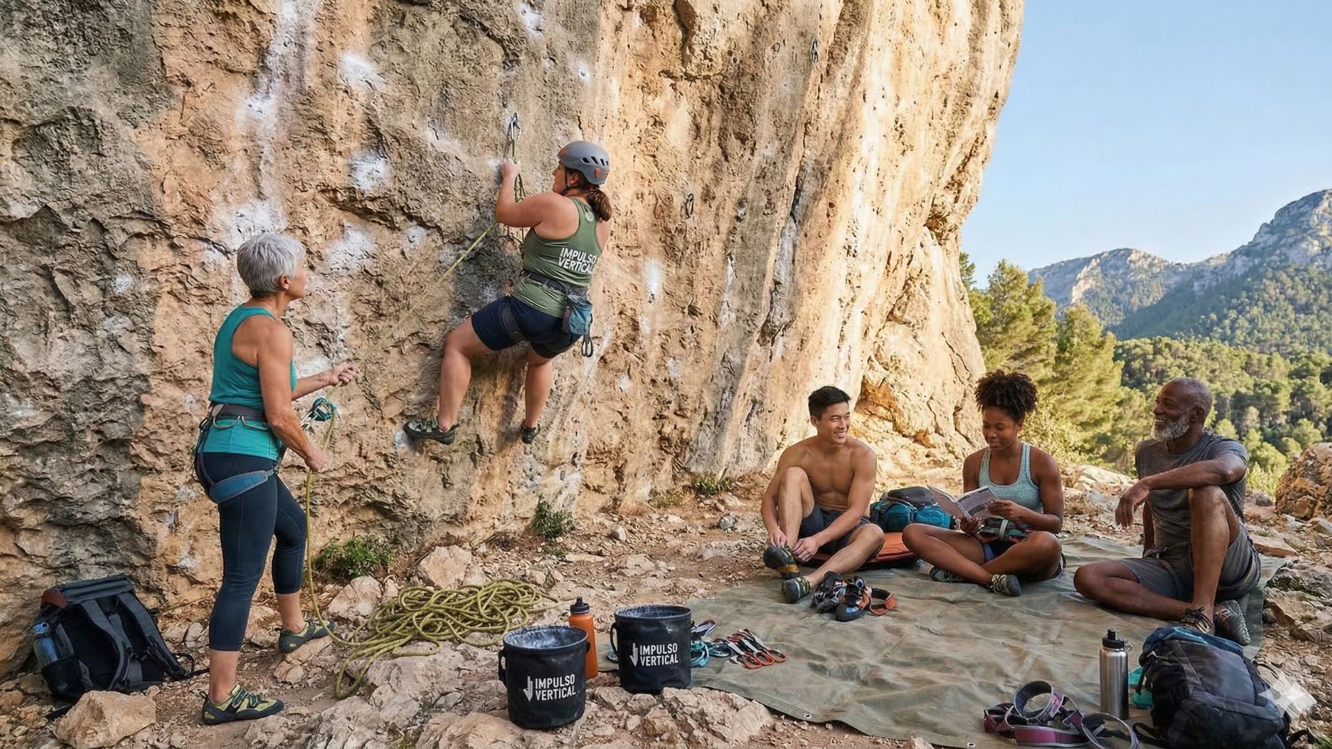 Un grupo diverso de cinco escaladores de distintas edades y orígenes en la base de una pared de roca; una mujer escala una vía mientras otra asegura y el resto del equipo descansa en la base.