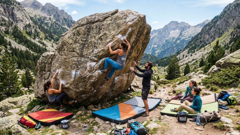 Un grupo de escaladores practicando búlder en un entorno natural montañoso, con porteadores y crashpads sobre el suelo rocky.