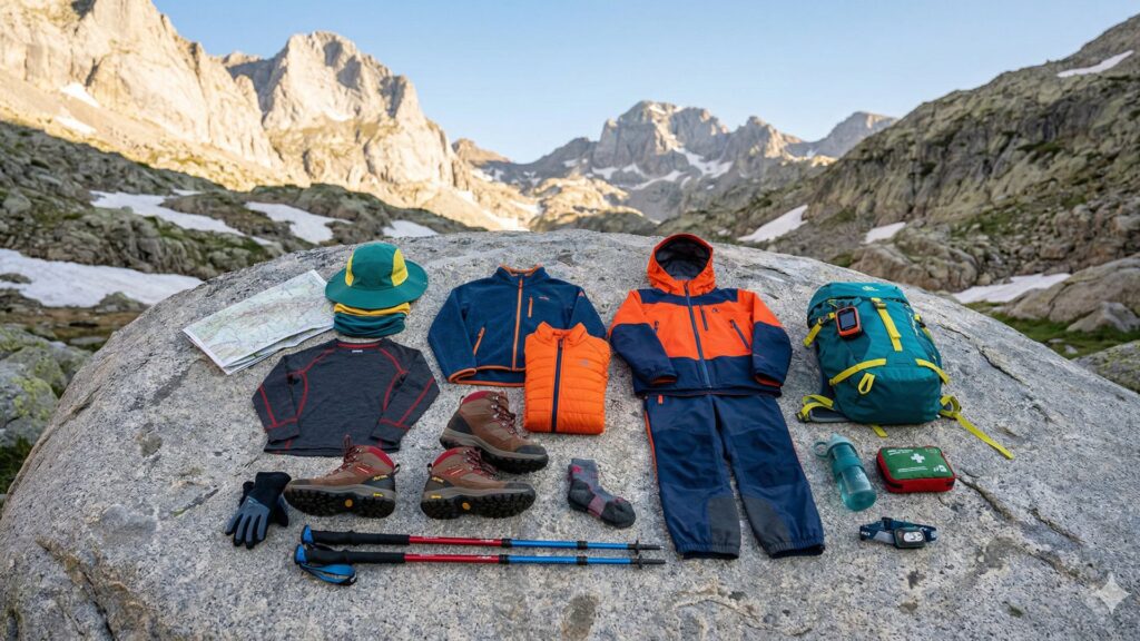 Primer plano técnico y minimalista estilo Nano Banana, mostrando un conjunto completo de equipación técnica para niños (chaqueta impermeable shell, pantalón técnico, base térmica, mochila de 25L, botas de montaña y bastones telescópicos) secuencialmente de izquierda a derecha en un entorno alpino despejado, ilustrando la comparativa de equipo técnico.