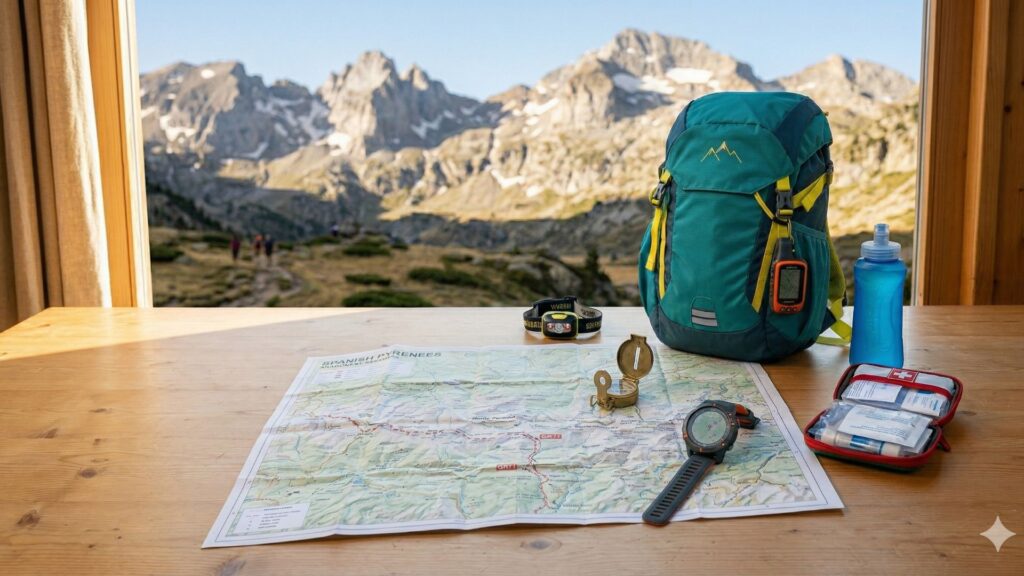mapa topográfico de los Pirineos, una brújula y el kit esencial de senderismo infantil (mochila 25L, frontal, brújula, reloj deportivo/GPS, botella reusable y kit de curas) secuencialmente sobre una mesa de madera rústica en una cabaña alpina despejada, ilustrando la planificación técnica de rutas de montaña.