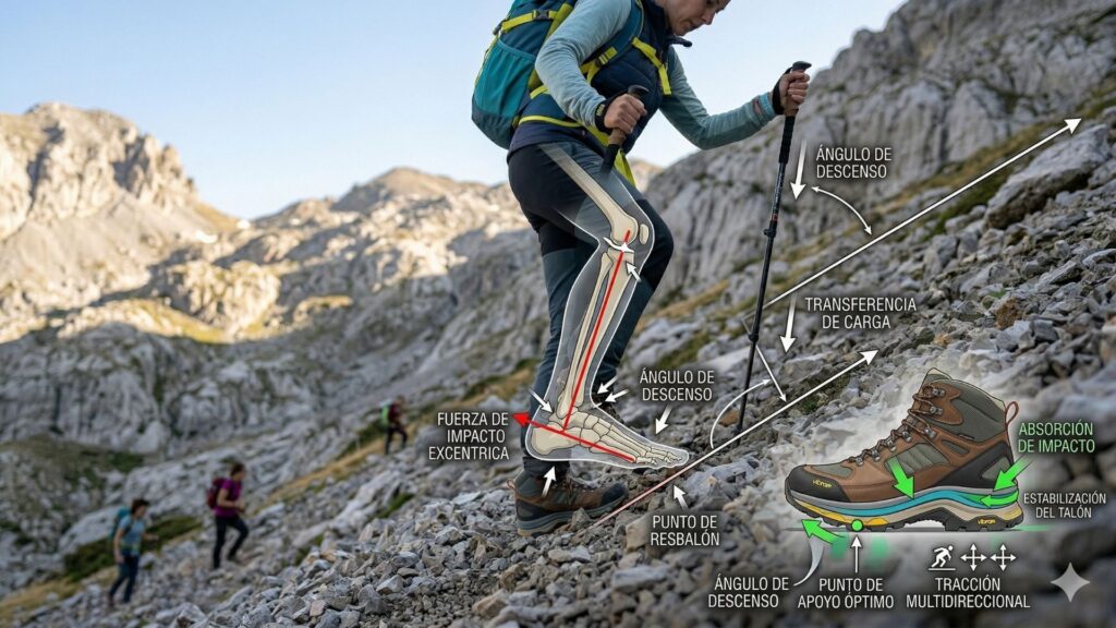 Primer plano analítico estilo Nano Banana capturando la biomecánica de un senderista técnico (scaled like in image_56.png) durante un descenso en pedrera inestable, con diagramas vectoriales superpuestos que ilustran la "Fuerza de Impacto Excéntrica", el "Punto de Apoyo Óptimo" y la "Estabilización del Talón" en una bota de montaña, junto con el uso correcto de los bastones (similar to image_56.png). La composición tiene extreme depth, capturando la escala de la actividad en un terreno de Gran Recorrido. El entorno es alpino despejado (sin nieve).