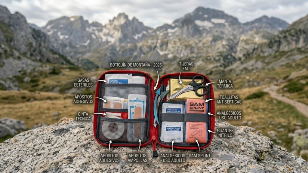 Un botiquín técnico de montaña abierto y organizado sobre granito, mostrando gasas, vendajes, manta térmica y material de curas esencial en un collado calizo expuesto.