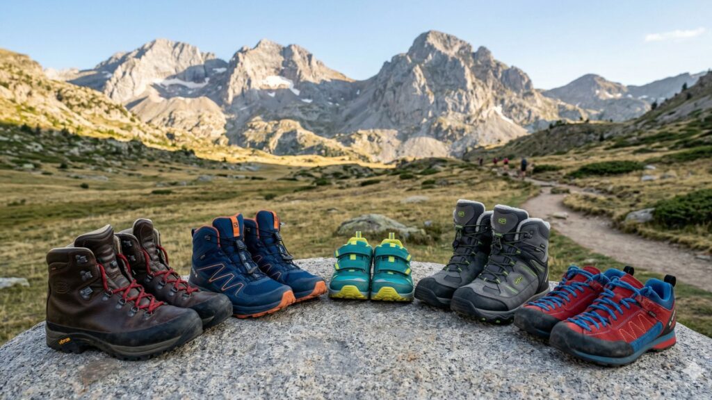 senderista ajustando los cordones de una bota de montaña de caña media, con su mochila y bastones apoyados en un entorno alpino despejado, ilustrando los criterios de elección de calzado técnico.