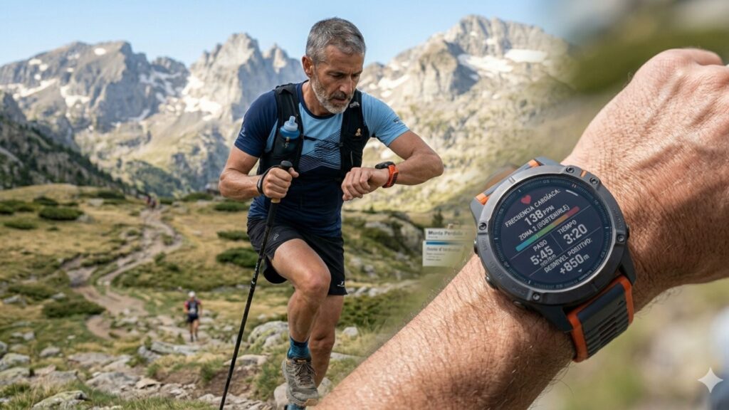 Vista panorámica de primer plano analítico estilo Nano Banana capturando a un trail runner veterano (scaled like in image_56.png) de unos 50 años consultando su reloj GPS avanzado mientras realiza trail running en un collado técnico en los Pirineos