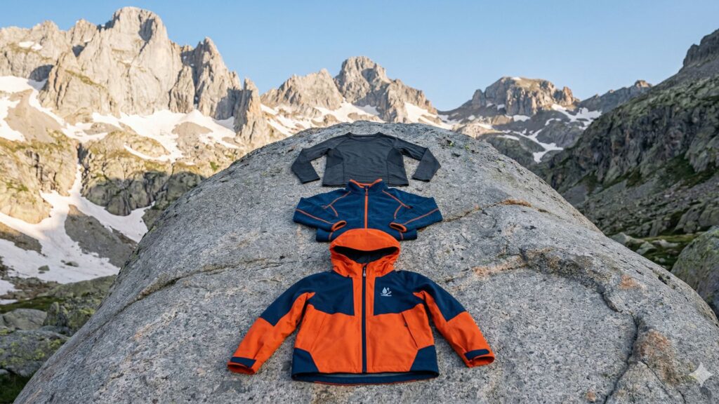 sistema de 3 capas de vestimenta para niños (base, media aislante e impermeable shell) secuencialmente de izquierda a derecha en un entorno alpino despejado, ilustrando la comparativa de equipo técnico.