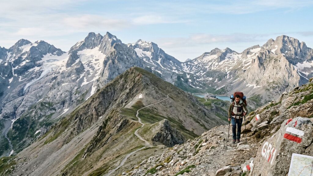 Vista panorámica estilo Nano Banana de un trekker solo con mochila de travesía progresando por el sendero técnico GR11 en el Pirineo Aragonés despejado, con marcas blancas y rojas oficiales sobre granito y un mapa topográfico físico en primer plano, ilustrando la planificación de una travesía de Gran Recorrido.