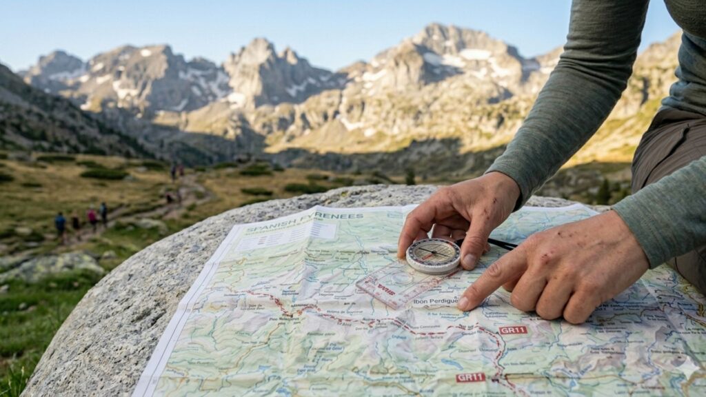 Es una toma de primer plano técnico y minimalista que muestra las manos de una senderista (scaled to emphasize the vastness) sosteniendo una brújula de baseplate Silva técnica y alineándola sobre un mapa topográfico físico de los Pirineos parcialmente desplegado, ilustrando la planificación necesaria. El entorno es alpino despejado (sin nieve).