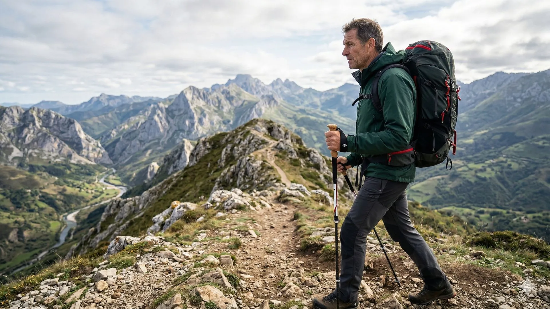 Un senderista en una arista técnica de los Picos de Europa usa un bastón Black Diamond con empuñadura de corcho muerde el granito mojado (seguridad) frente a acero, y rosetas de trekking frente a rosetas de nieve ancha para bastones de montaña