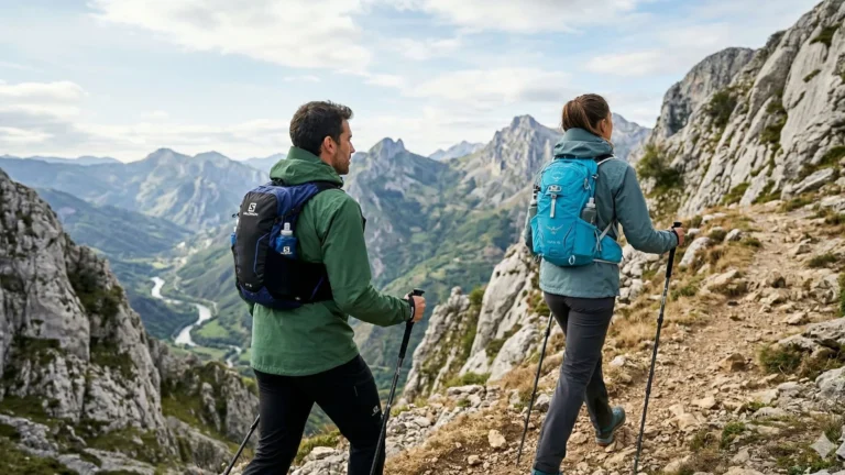 Dos senderistas técnicos en arista de montaña. Una mujer (derecha) usa la mochila Salomon XT 15 con bidones frontales integrados (verde, estabilidad) frente a un hombre (izquierda) con carga trasera pesada (rojo, oscilación lateral) en fast hiking.