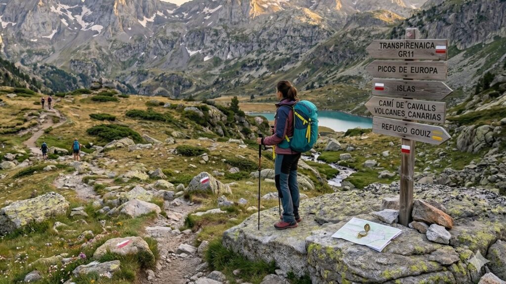 Vista panorámica inspiradora estilo Nano Banana de una trekker sola con mochila de travesía progresando por un collado técnico en el Pirineo Aragonés despejado, con marcas blancas y rojas oficiales sobre granito y un poste de madera oficial que tiene marcas blancas y rojas y "TRANSPIRENAICA GR11" y "PICOS DE EUROPA" y "ISLAS" y "CAMÍ DE CAVALLS" y "VOLCANES CANARIAS" y "REFUGIO GOUIZ" en letras claras, ilustrando la planificación necesaria. La composición tiene extreme depth, capturando la escala de la actividad en un terreno de Gran Recorrido. El entorno es alpino despejado (sin nieve).