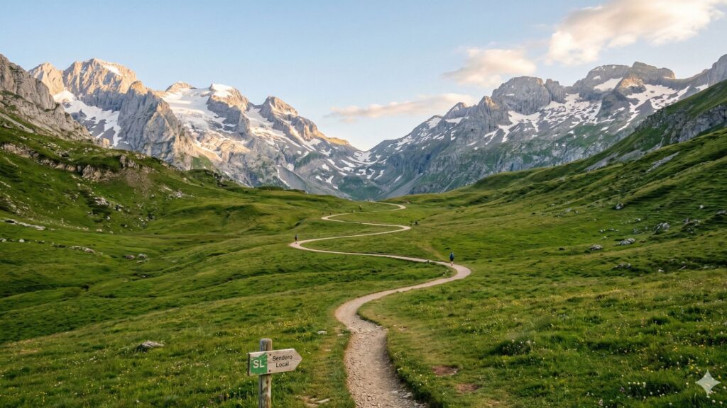 Vista panorámica de un sendero serpenteante en un valle de alta montaña, con picos nevados al fondo y praderas verdes bajo un cielo despejado.