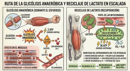 Ilustración de dibujo lineal en español que compara biomecánicamente la fisiología de la fatiga muscular (pies fijos, oclusión vascular, acumulación de H+) contra un lanzamiento dinámico (pies volados, piernas compactas, reoxigenación rápida).