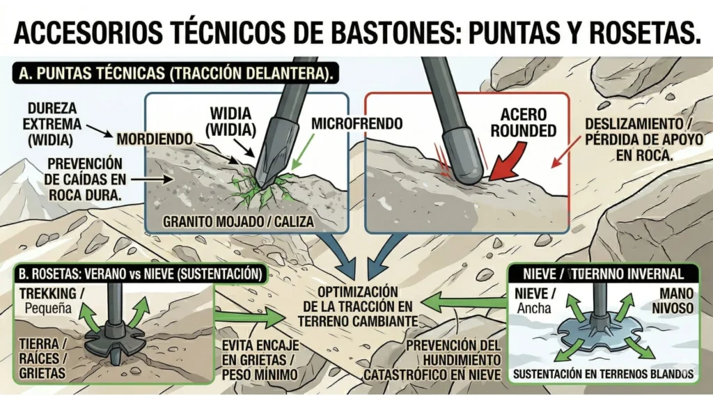 Infografía técnica que compara la punta de Widia (carburo de tungsteno) muerde el granito mojado frente a acero, y rosetas de trekking frente a rosetas de nieve ancha para bastones de montaña.