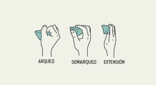 Infografía técnica de agarres de escalada que compara tres posiciones en regletas sobre roca real: Arqueo Total (con cierre de pulgar), Semiarqueo (dedos a 90°) y Extensión o Mano Abierta (contacto con las yemas). Diseño con fondos de madera y etiquetas de color rojo, naranja y verde para indicar el nivel de carga en las poleas