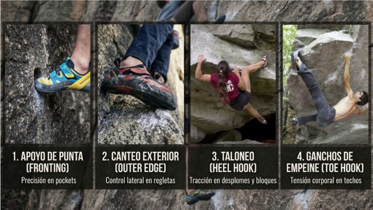 Una infografía técnica de escalada que muestra las 5 técnicas principales de pies: Apoyo de Punta, Canteo Exterior, Taloneo, Ganchos de Empeine y Empotre de pie en una fisura.
