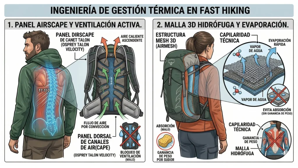 Infografía técnica que compara el flujo de aire por convección del Panel AirScape de Osprey (ventilación activa) frente a un panel bloqueado, y detalla la estructura de malla 3D AirMesh hidrófuga que permite la evaporación rápida sin ganancia de peso por absorción de sudor.