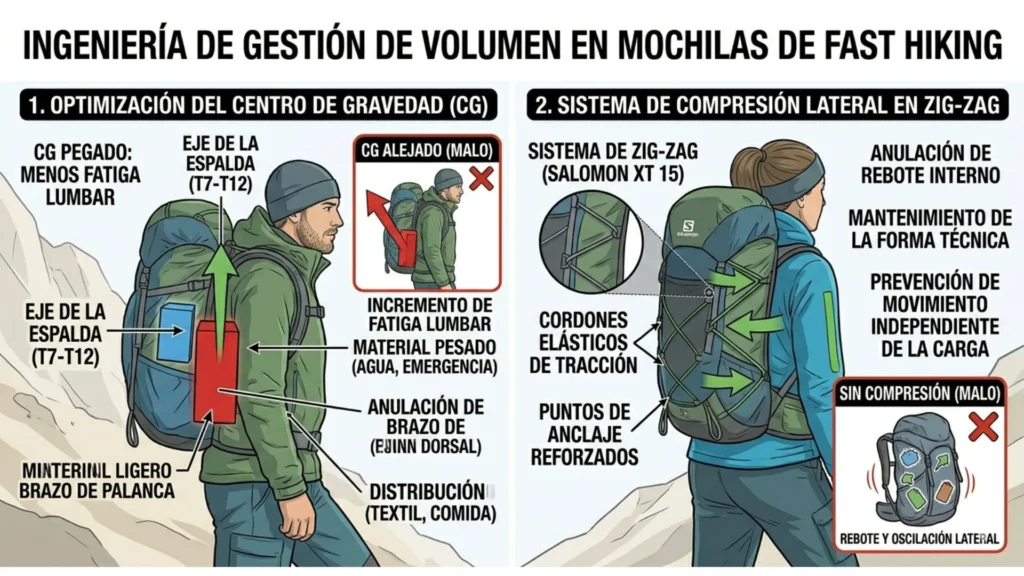 Infografía técnica que compara la optimización del centro de gravedad (CG) pegado a la espalda T7-T12 frente a CG alejado, y detalla el sistema de compresión lateral en zig-zag de la mochila Salomon XT 15 para anular el rebote.