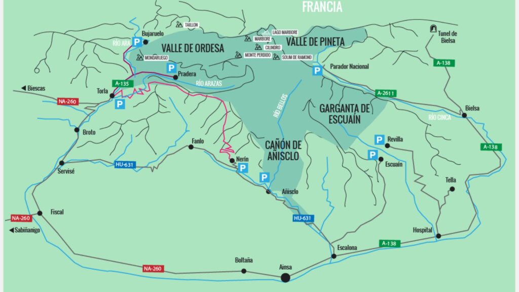 Mapa cartográfico detallado del Parque Nacional de Ordesa y Monte Perdido con accesos desde la Pradera de Ordesa y Refugio de Góriz.
