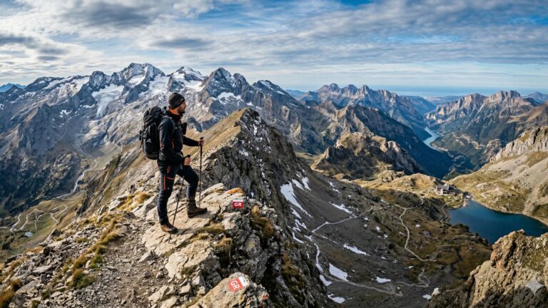 Senderista técnico observando la inmensidad de los Pirineos Españoles, representando la selección de las 10 mejores rutas técnicas para 2026.