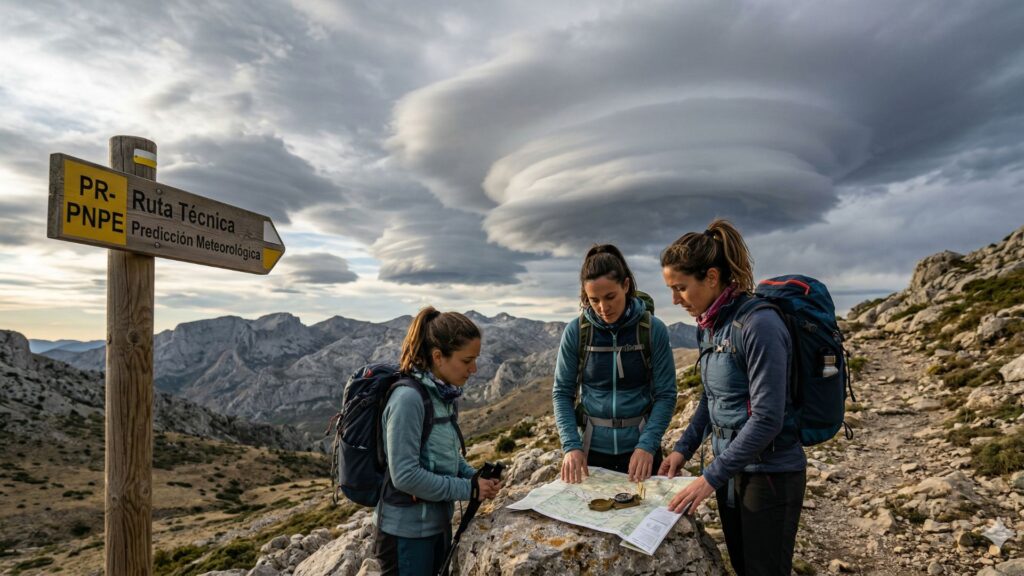 Dos senderistas con mochilas técnicas se detienen en un sendero de montaña rocoso para observar y evaluar un cielo cubierto de nubes lenticulares amenazantes.