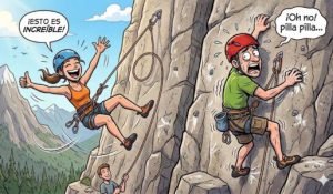 Ilustración de humor comparando a una escaladora con confianza en una caída limpia y un escalador con miedo a caer aferrado a la roca