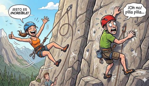 Ilustración de humor comparando a una escaladora con confianza en una caída limpia y un escalador con miedo a caer aferrado a la roca