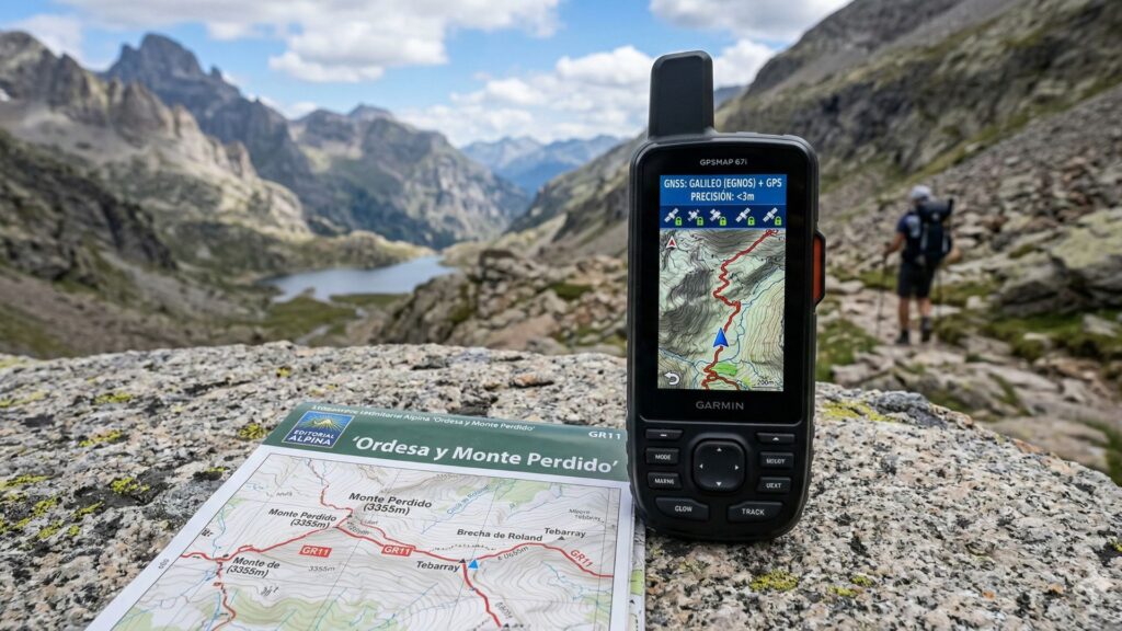 Detalle de un dispositivo GNSS de mano mostrando la ruta GR11 con conexión Galileo activa sobre un mapa topográfico físico en el Pirineo Central.
