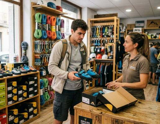 Un escalador principiante en una tienda especializada decidiendo qué material de escalada para principiantes comprar, con ayuda de una experta