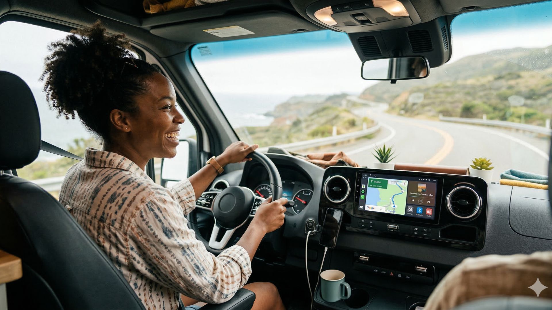 Vista interior de una furgoneta camper en movimiento, con la pantalla de la radio Android mostrando la navegación de Google Maps encendida en el salpicadero mientras alguien conduce.