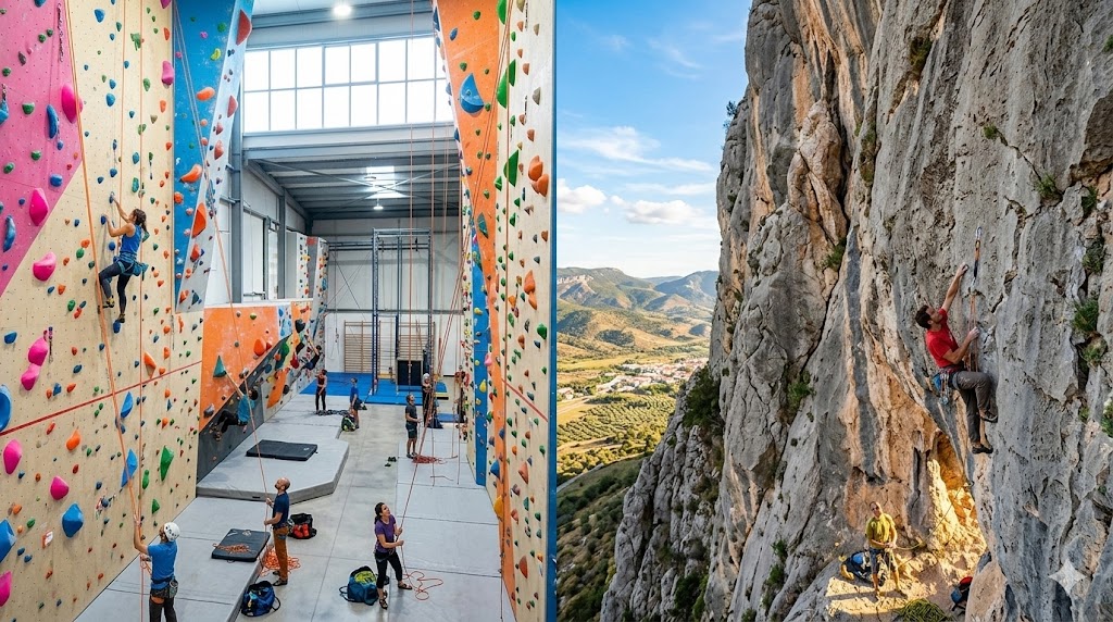 rocodromo o roca Una imagen de contraste que muestra la escalada indoor en un rocódromo moderno a la izquierda y la escalada outdoor en una pared de caliza clásica a la derecha.