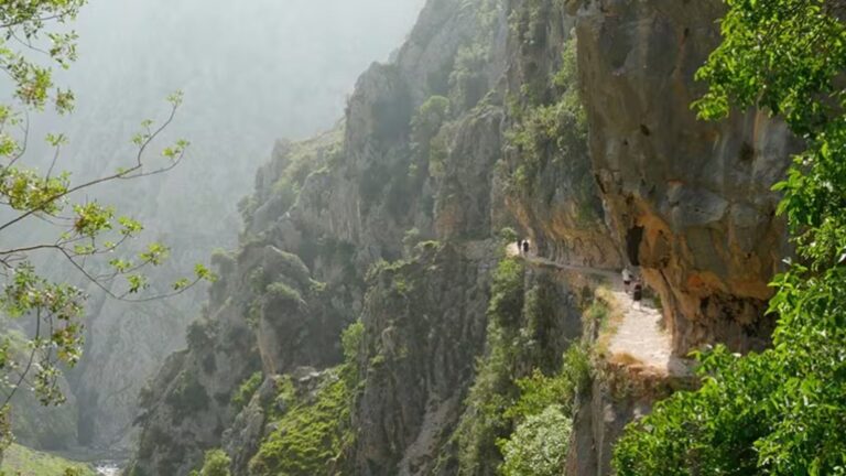 Vista panorámica del sendero de la Ruta del Cares tallado en la pared vertical del acantilado, con un grupo de senderistas caminando al fondo bajo un cielo despejado.