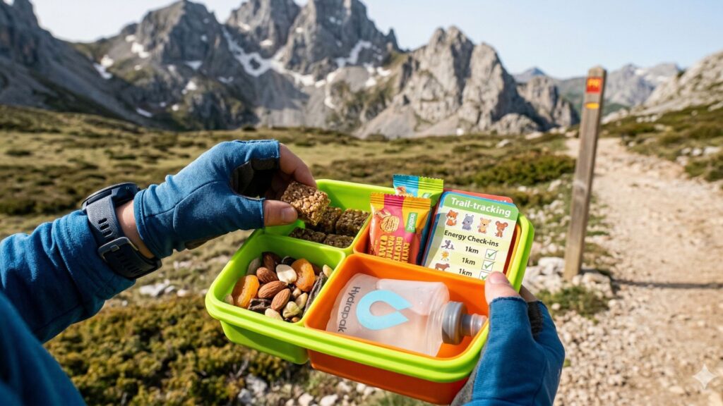 Close-up técnico de manos de un niño con guantes técnicos de senderismo azul y un pequeño reloj GPS de senderismo moderno, sosteniendo un snack box de silicona ligera y brightly colored (neon green y orange) divided into small compartments. Inside, technical hiking snacks for children are visible: a portion of energy-dense 'mountain mix', small, bite-sized energy bars en vibrant, kid-friendly packaging, and a reusable soft flask filled con an isotonic drink. Un compartimento sostiene un 'trail-tracking' reward card con pequeños animal stickers y checkmarks para 'Energy Check-ins' at 1km intervals.