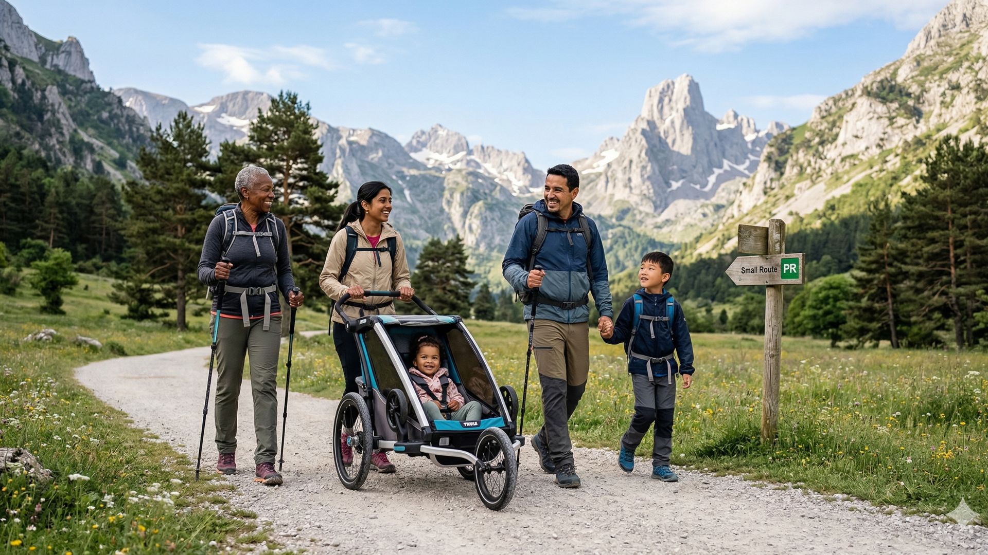 Familia completa practicando senderismo seguro con niños en un valle alpino, con mochilas técnicas adaptadas, bastones infantiles y señalética de PR (Pequeño Recorrido) visible.