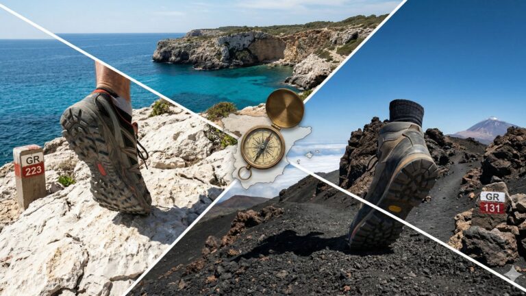 magen conceptual que divide la pantalla diagonalmente: a la izquierda, la costa calcárea blanca del Camí de Cavalls (Menorca); a la derecha, la dorsal volcánica negra del GR 131 de Canarias, mostrando la pisada técnica en ambos terrenos.